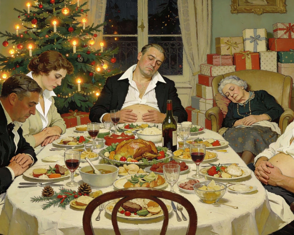 Oil Painting of Festive Meal with Six People at Table