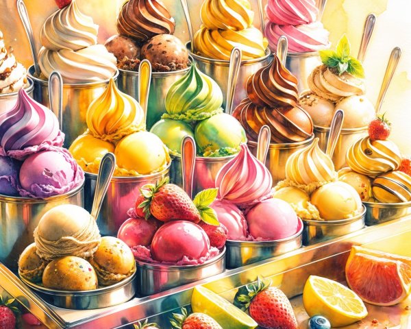 Colorful Ice Cream Cones with Fresh Fruit Toppings