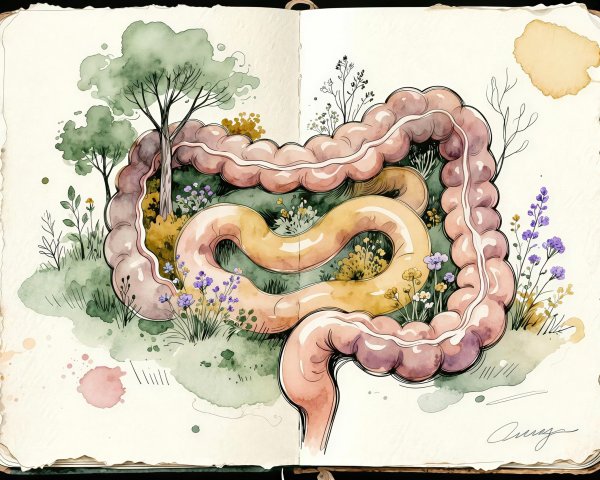 Watercolor Illustration of Human Digestive System Landscape