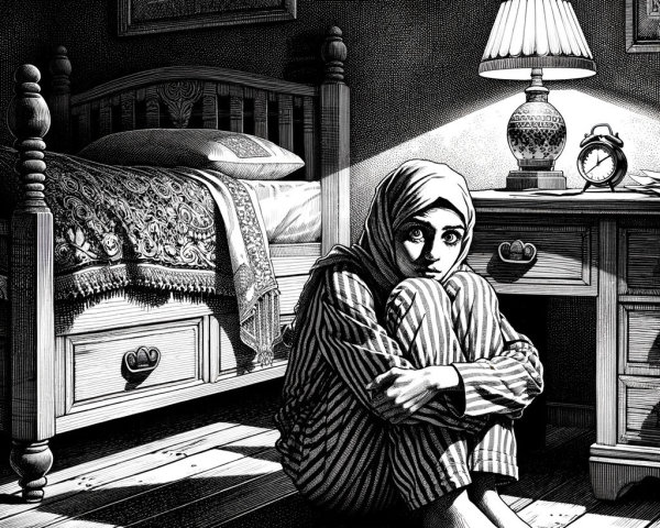 Girl in Striped Pajamas in Dimly Lit Bedroom Setting