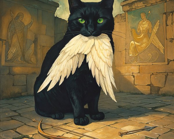 Majestic black cat with feathered collar in stone setting