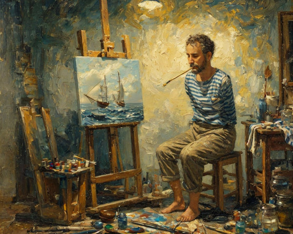Solitary Artist in Rustic Studio with Sailing Ships Canvas