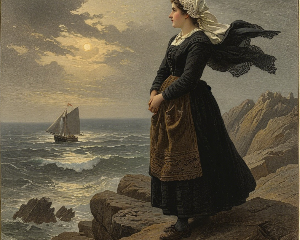 Young Woman on Cliffs Overlooking Turbulent Sea
