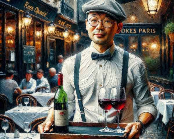 Parisian Bistro Scene with Waiter and Wine Service