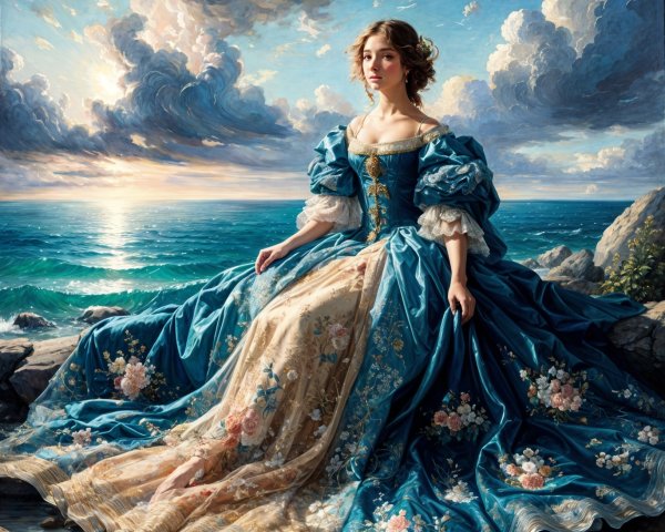 Young Woman in Blue Gown on Rocky Shores