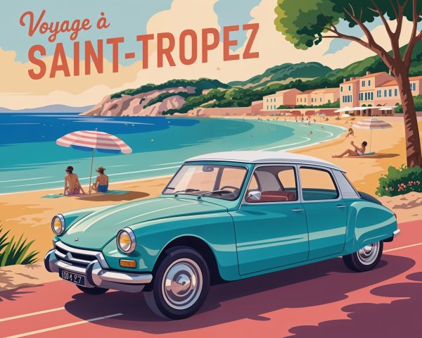 Vintage Turquoise Car by Scenic Beach in Saint-Tropez