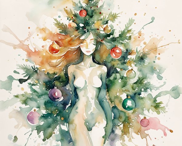 Whimsical Watercolor of Figure and Christmas Tree