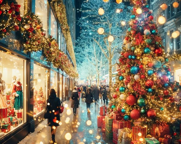Festive City Street with Holiday Lights and Decorations