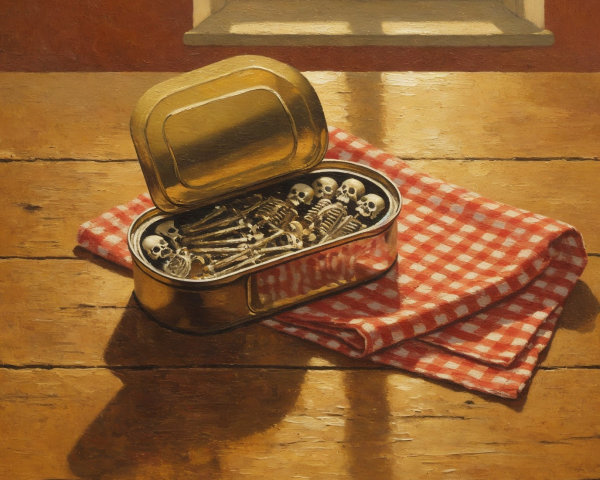 Open tin can with skeletons on checkered cloth