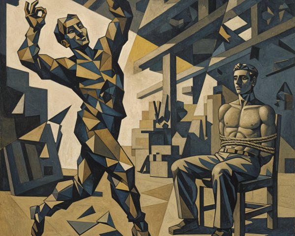 Cubist Painting of Two Men in Dynamic Scene