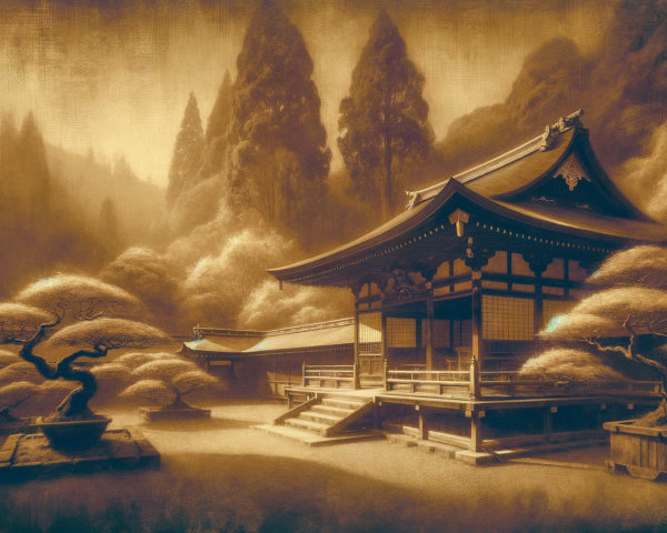 Traditional Asian Temple in Misty Mountain Landscape