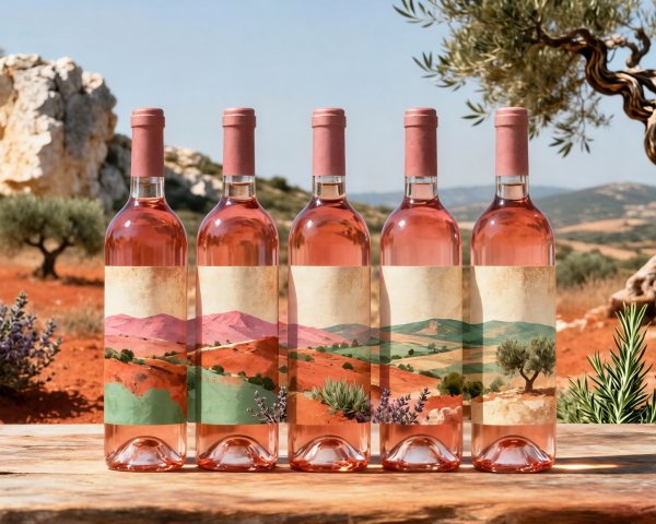 Custom Labeled Rosé Wine Bottles in Scenic Landscape