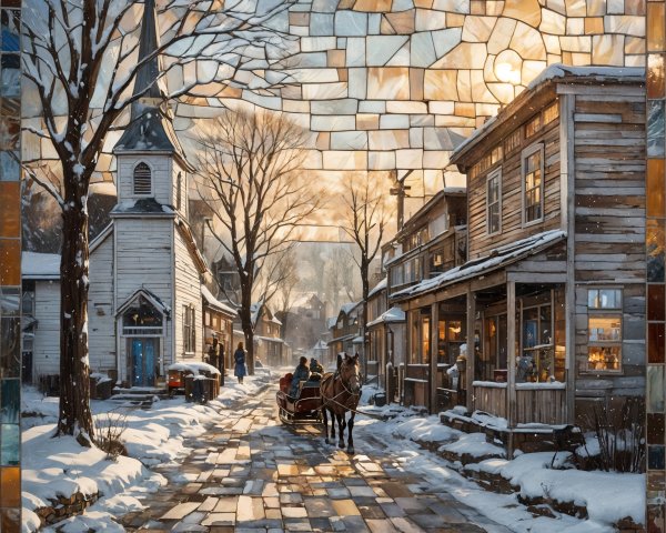 Mosaic Winter Scene of a Quaint Village with Carriage