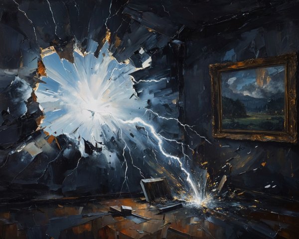 Abstract Oil Painting of a Dark Room with Light Hole