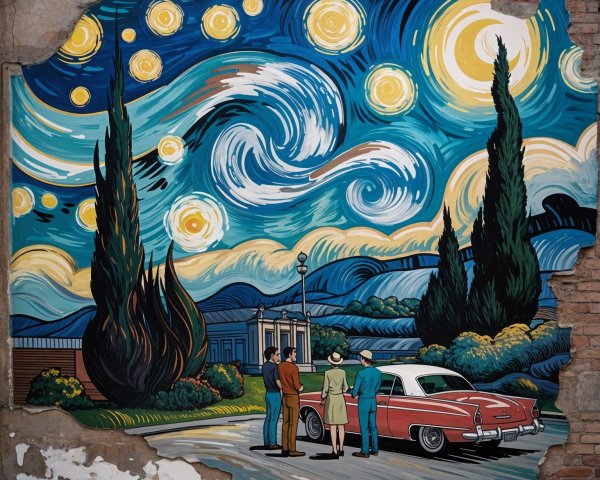 Vibrant Mural of Starry Night with Figures and Car