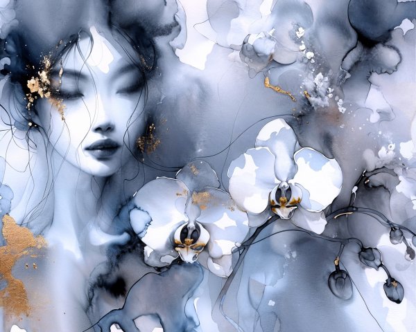 Abstract Female Figure with Blue Waves and Orchids
