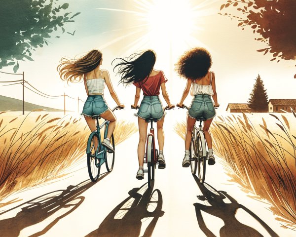 Young women cycling on a sunny countryside path