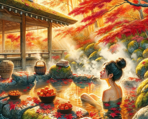 Tranquil Outdoor Hot Spring Surrounded by Autumn Foliage