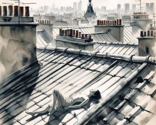 Rooftop Scene with Figure and Cityscape View