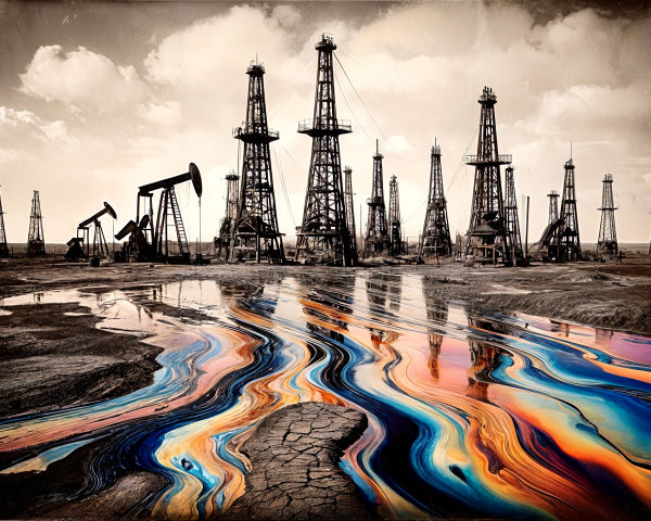 Desolate Oil Field with Colorful Oil Sheen Reflection