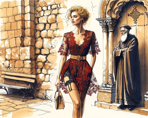 Glamorous Woman in Lace Dress with Historical Backdrop
