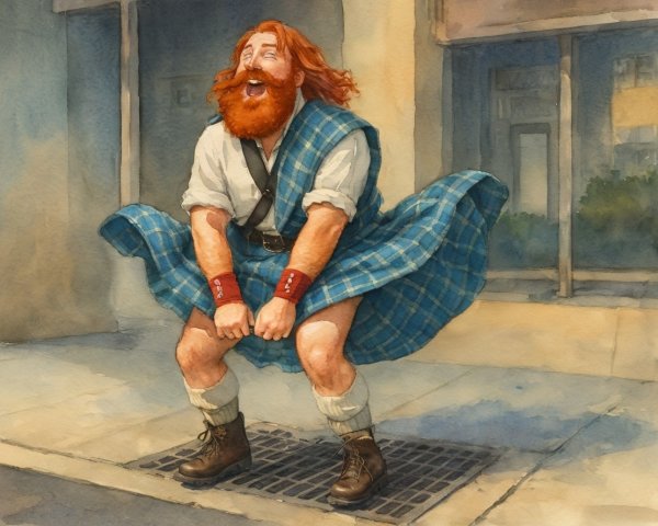 Cheerful man with red beard in urban wind scene
