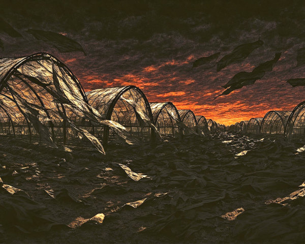 Desolate Landscape with Abandoned Greenhouses at Sunset