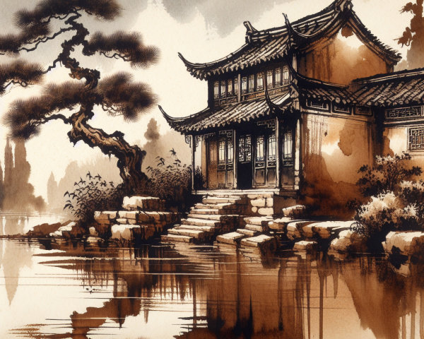 Traditional Chinese House by a Tranquil Lake