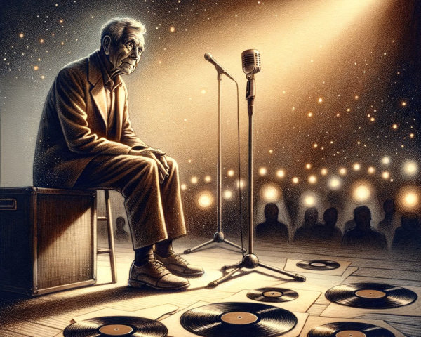 Elderly Man on Stage with Vintage Microphone and Records