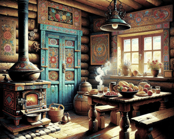 Cozy Rustic Kitchen with Wood Stove and Floral Decor