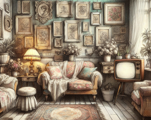 Cozy Living Room with Floral Sofa and Botanical Art