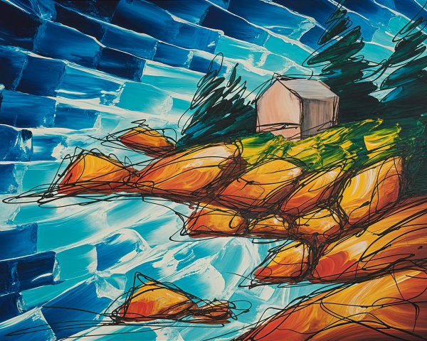 Abstract Landscape with Rocky Coastline and House