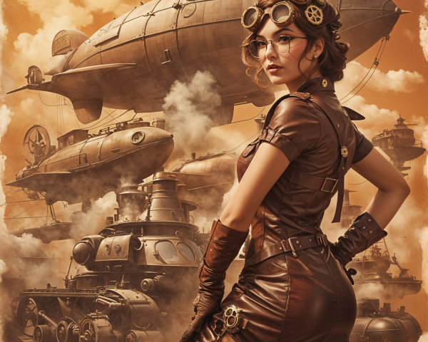 Steampunk Scene with Woman in Leather Outfit and Airships
