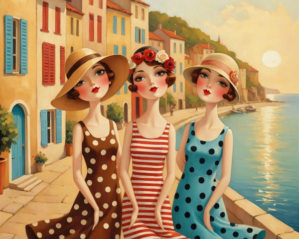 Elegant women in stylish summer dresses by the coast