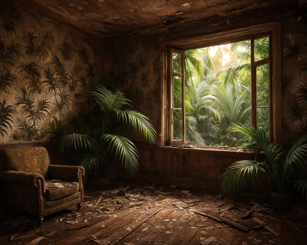 Dilapidated Room with Ornate Armchair and Dust