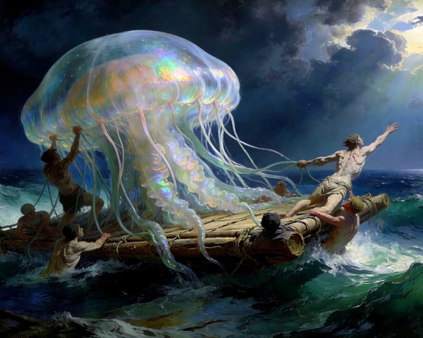 Jellyfish Over Raft in Turbulent Sea Scene