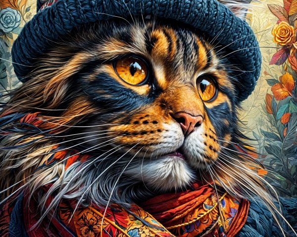 Maine Coon Cat in Blue Hat and Colorful Scarf