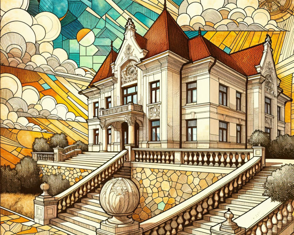 Intricately Designed Mansion with Vibrant Background