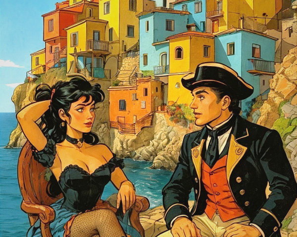 Seaside Scene with Elegant Young Woman and Dapper Man