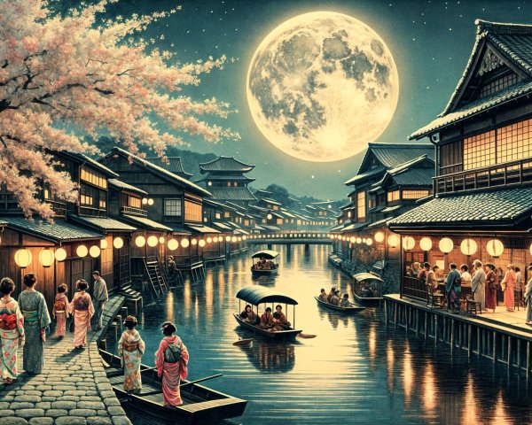 Traditional Japanese Night Scene with Cherry Blossoms