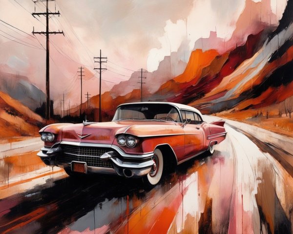 Vibrant Digital Art of Cadillac in Abstract Landscape