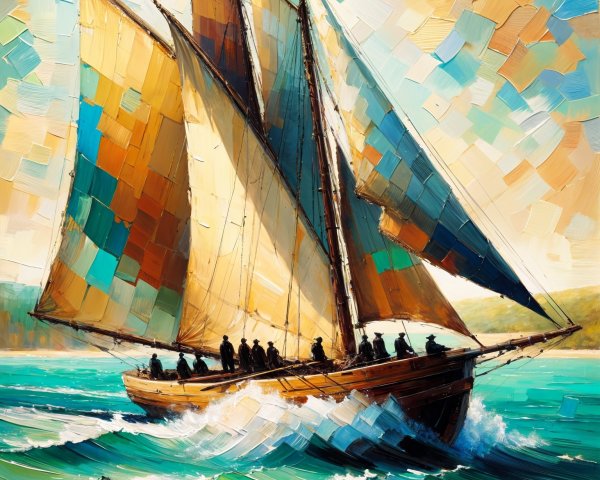 Vibrant Painting of a Sailing Ship in Turquoise Waters