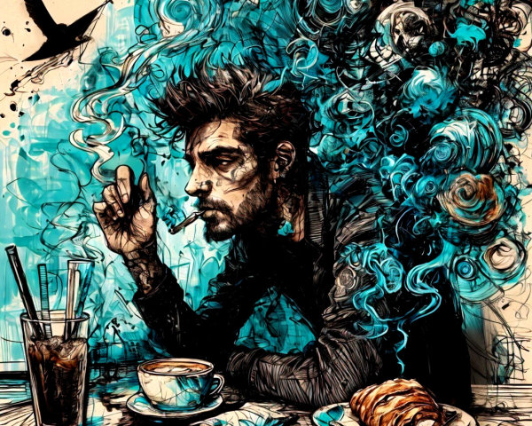 Contemplative Figure at Café with Coffee and Croissant