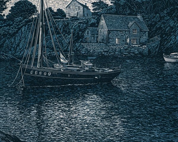 Serene Coastal Scene with Sailboat at Dusk
