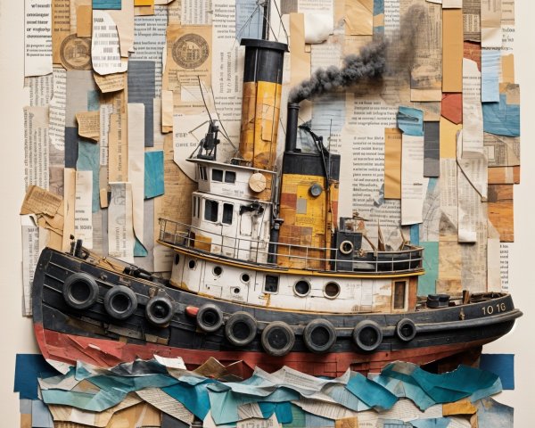 Layered Paper Tugboat Artwork with Vibrant Colors