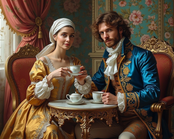 Couple in 18th-Century Attire in Luxurious Setting