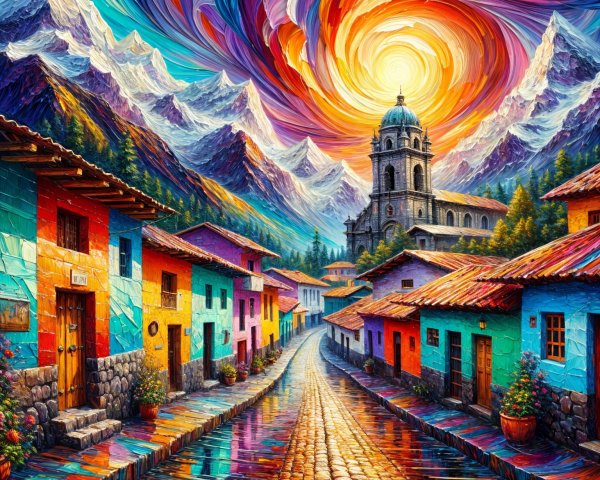 Colorful Street Scene with Quaint Houses and Mountains