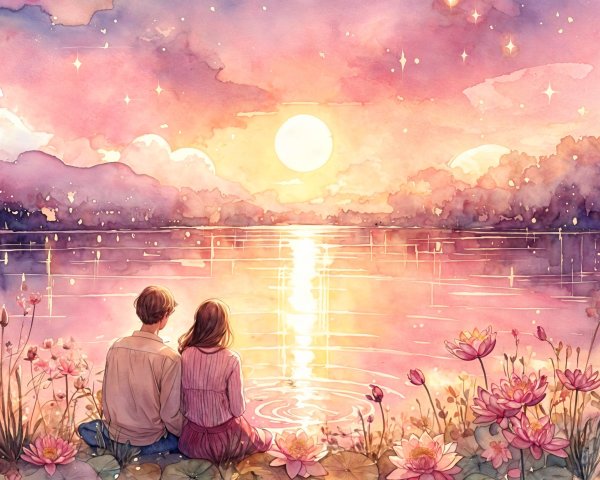Watercolor Scene of Couple by Tranquil Sunset Lake