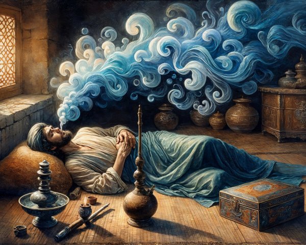 Man Reclining with Smoke in Dimly Lit Room