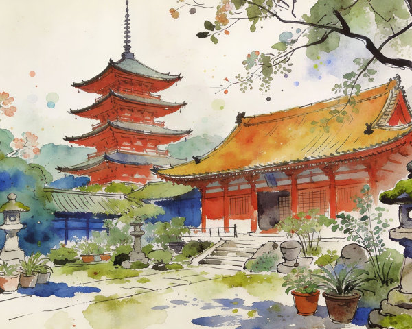 Watercolor Painting of a Japanese Garden with Pagoda